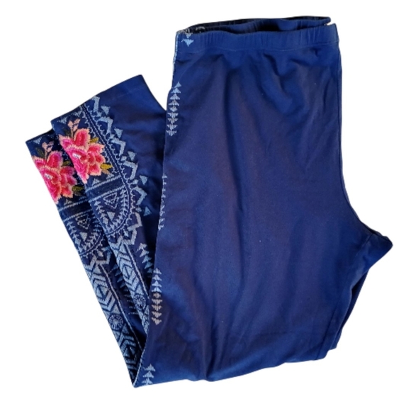 Johnny Was Pants - Johnny Was Blue Leggings with Pink Floral Embroidery Sz PXL